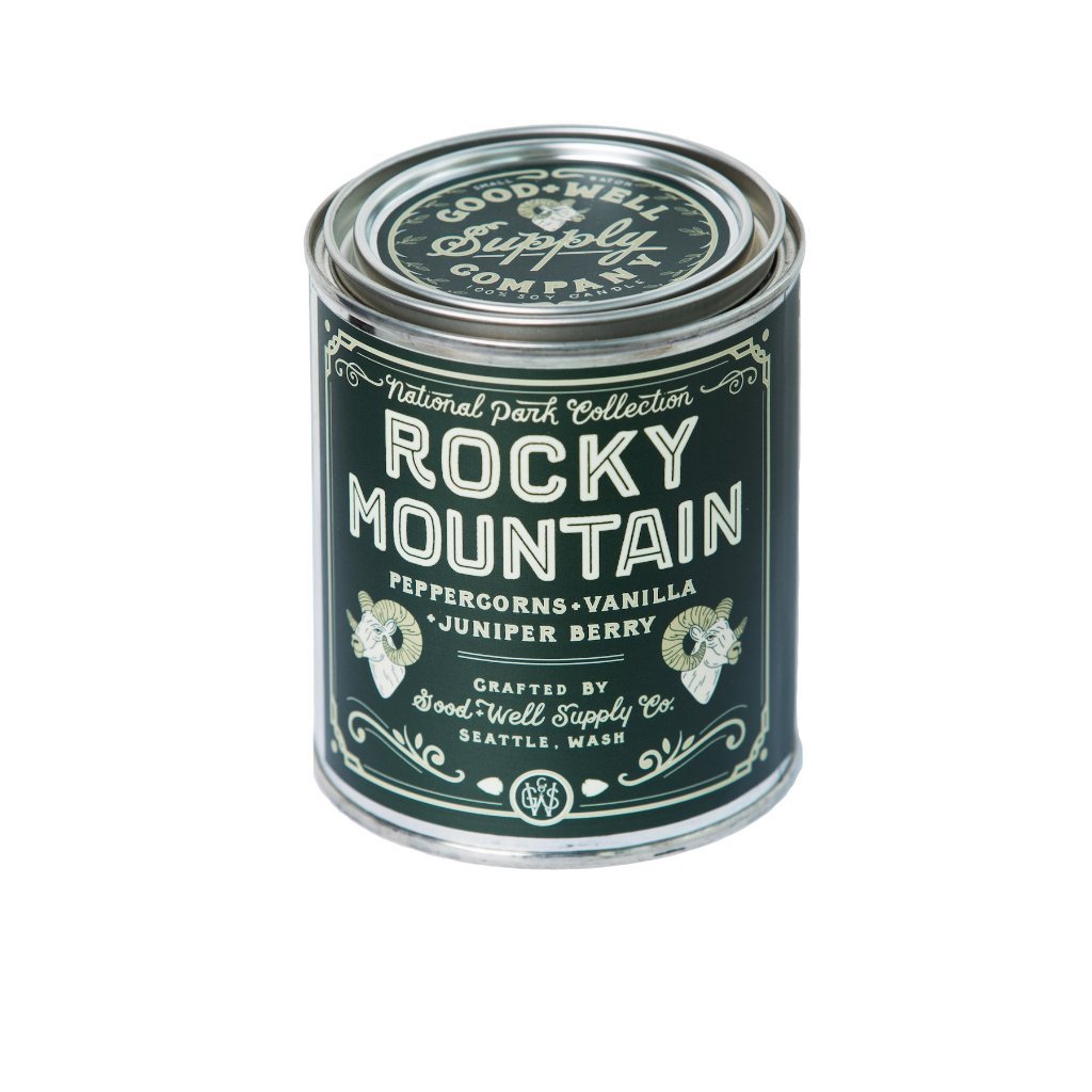 Rocky Mountain national park candle 6 whiskey good well supply collection six whisky soy wood wick tin