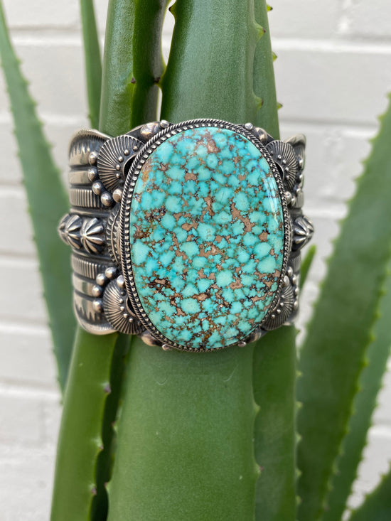 Large Kingman Turquoise cuff at 6Whiskey six whisky stamped sterling silver crackle stone