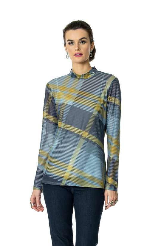 DDR Rodge Plaid Sheer Long Sleeve Mock Neck Tee 6Whiskey six whisky Taos Collection T3394