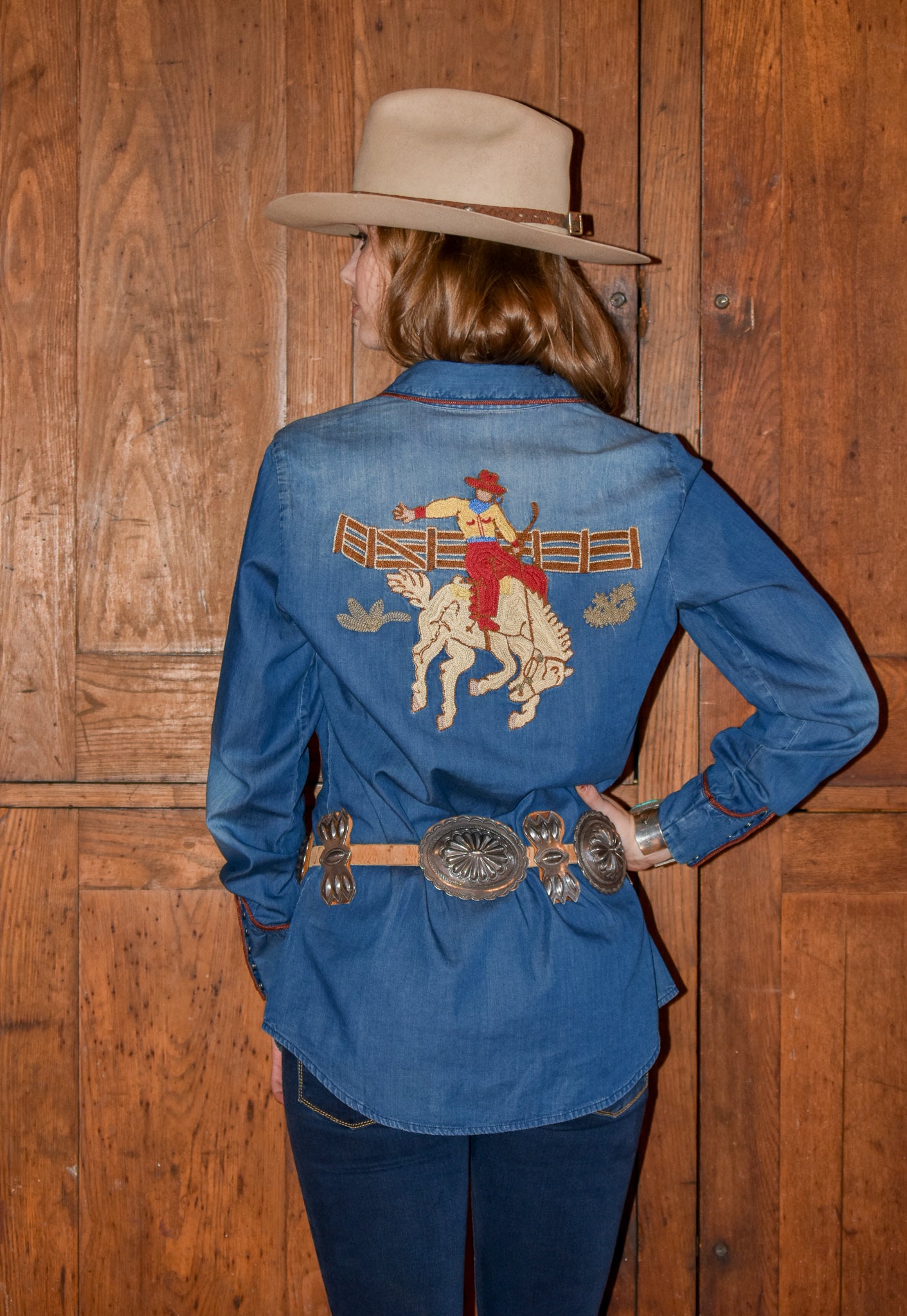 Load image into Gallery viewer, Tasha Polizzi Denim Button with embrodiery bucking horse at 6Whiskey six whisky womens fall
