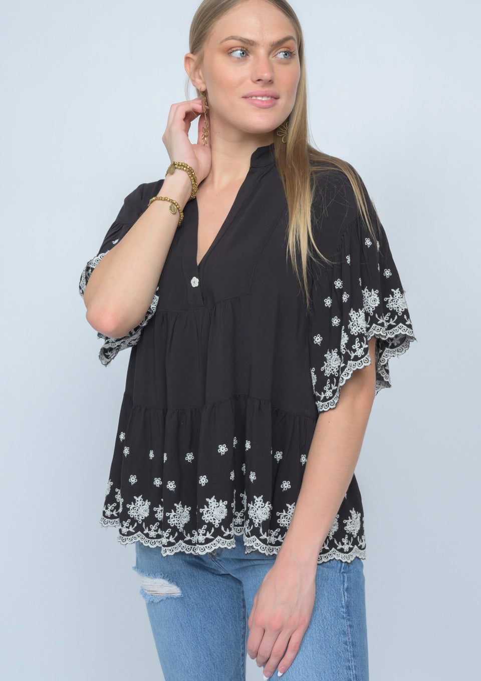 Load image into Gallery viewer, Black short bell sleeve top with white embroidery by ivy jane at 6Whiskey six whisky for women spring 2021

