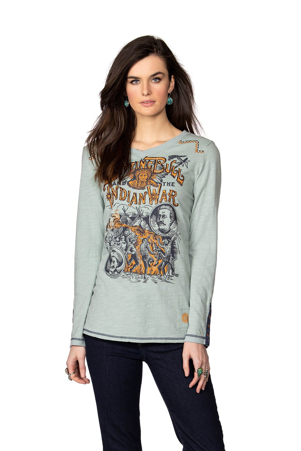 Double D Ranch Long Sleeve Tee Sitting Bull & the Indian War 6Whiskey in Mint T3325 Cody Fall Collection 2020