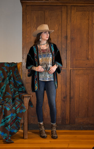 Tasha Polizzi Baldwin Cardigan chocolate brown velvet with colorful emboridery for women at 6Whiskey six whisky fall/holiday