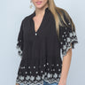 Black short bell sleeve top with white embroidery by ivy jane at 6Whiskey six whisky for women spring 2021