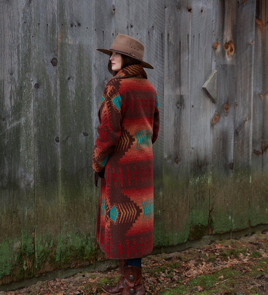 Tasha Polizzi Long Red and Teal Aztec Borderline Coat at 6Whiskey six whisky womens fall  Back 