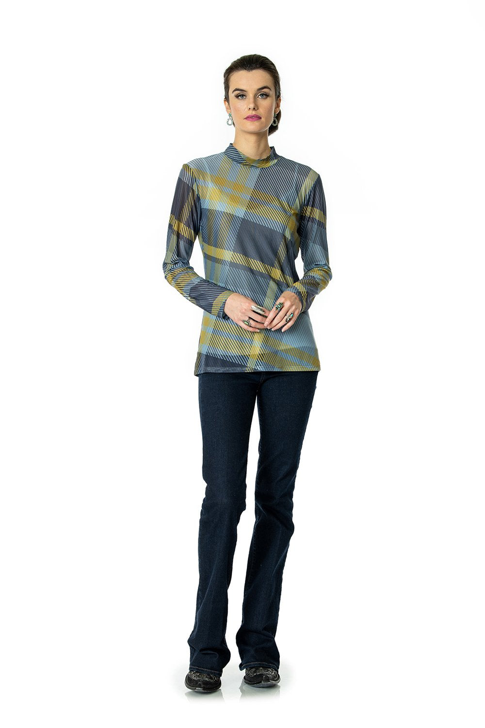 DDR Rodge Plaid Sheer Long Sleeve Mock Neck Tee 6Whiskey six whisky Taos Collection T3394