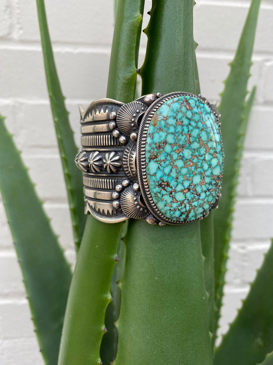 Large Kingman Turquoise cuff at 6Whiskey six whisky stamped sterling silver crackle stone