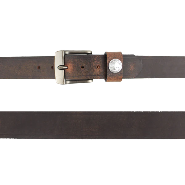 Load image into Gallery viewer, mens brown bison belt by over under made in USA at 6Whiskey six whisky size 30-44&amp;quot; waist 
