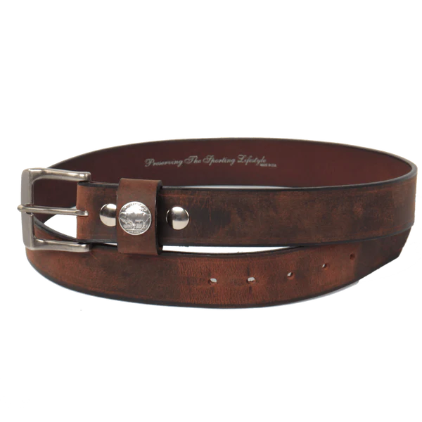 Load image into Gallery viewer, mens brown bison belt by over under made in USA at 6Whiskey six whisky size 30-44&amp;quot; waist 
