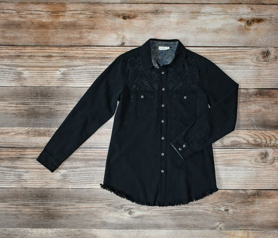 Load image into Gallery viewer, Tasha Polizzi Black Emboridery button down at 6Whiskey six whisky pearl snap with black tone on tone
