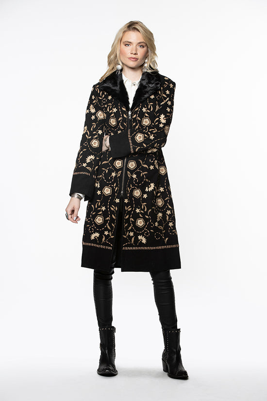 Load image into Gallery viewer, Double D Ranch Obregon Coat ~ C2632 long goat suede overall embroidery black coat very elegant classic western feel
