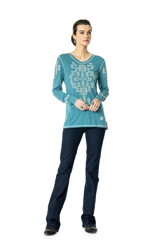 DDR Rocky Ridge Long Sleeve Embrodiered Tee in Taos Turquoise 6Whiskey six whisky T3374