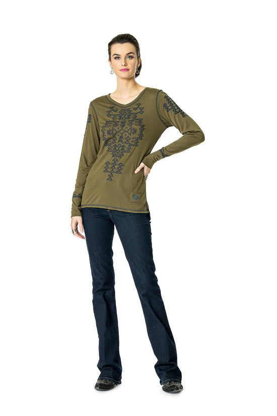 Load image into Gallery viewer, DDR Rocky Ridge Long Sleeve Embrodiered Tee in Alfalfa Green 6Whiskey six whisky T3374
