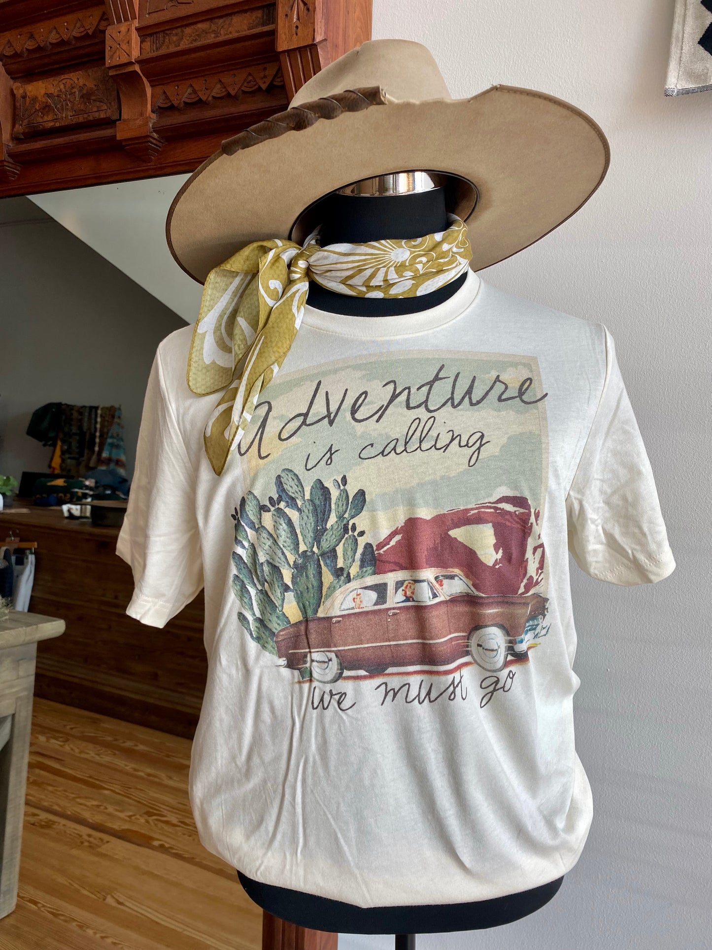 Adventure is calling t-shrit at 6Whiskey six whisky white short sleeve graphic tee