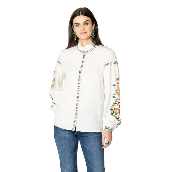 Double d Ranch white long sleeve chester top at 6Whiskey six whisky aztec embroidery T3569