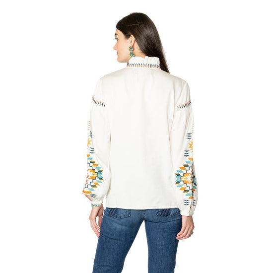 Double d Ranch white long sleeve chester top at 6Whiskey six whisky aztec embroidery T3569