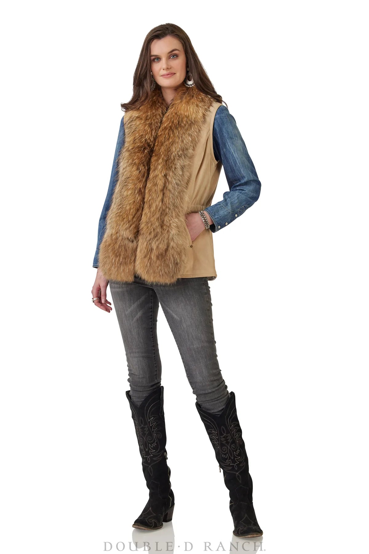 Load image into Gallery viewer, DDR Hondo Vest in Trail Dust Tan at 6Whiskey six whisky double d ranch eloise and walker fall collection V977 goat suede and racoon fur
