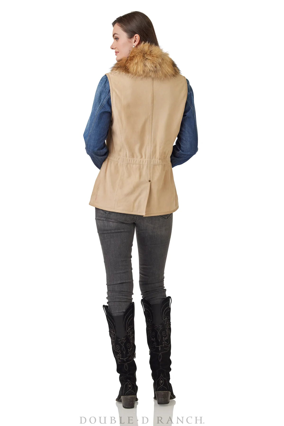 Load image into Gallery viewer, DDR Hondo Vest in Trail Dust Tan at 6Whiskey six whisky double d ranch eloise and walker fall collection V977 goat suede and racoon fur back
