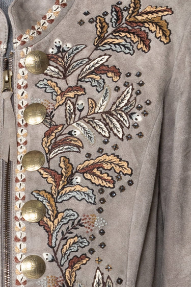 DDR Alberta Jacket at 6Whiskey six whisky Double D Ranch Banff Collection C3035 long sleeve grey gray embroidered button down sim fit studded colorful leaves florals gold buttons zipper collared