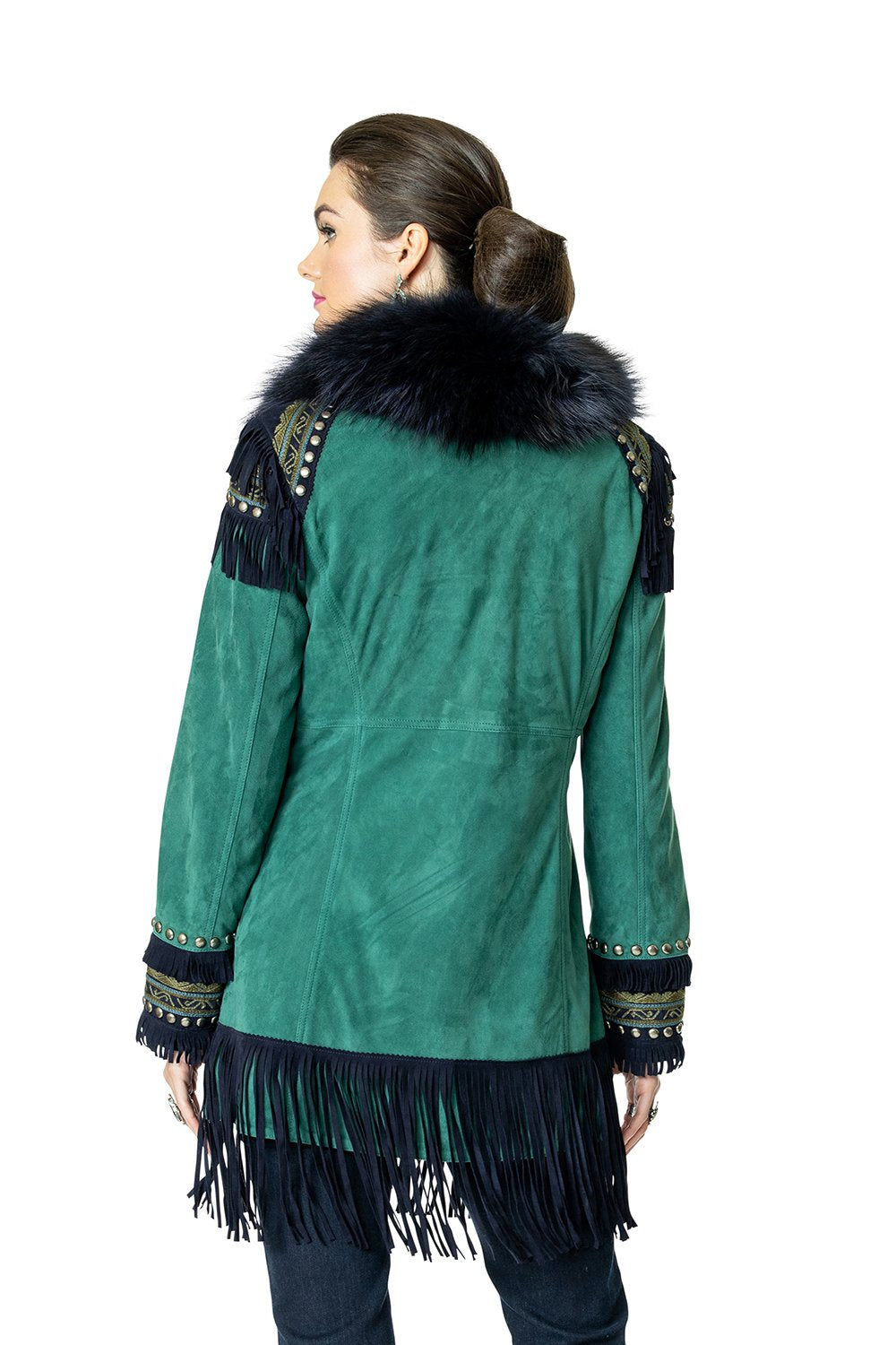 Load image into Gallery viewer, DDR Sandia Pass Teal Jacket 6Whiskey six whisky knee-length leather fringe coat Taos Holiday collection C2756
