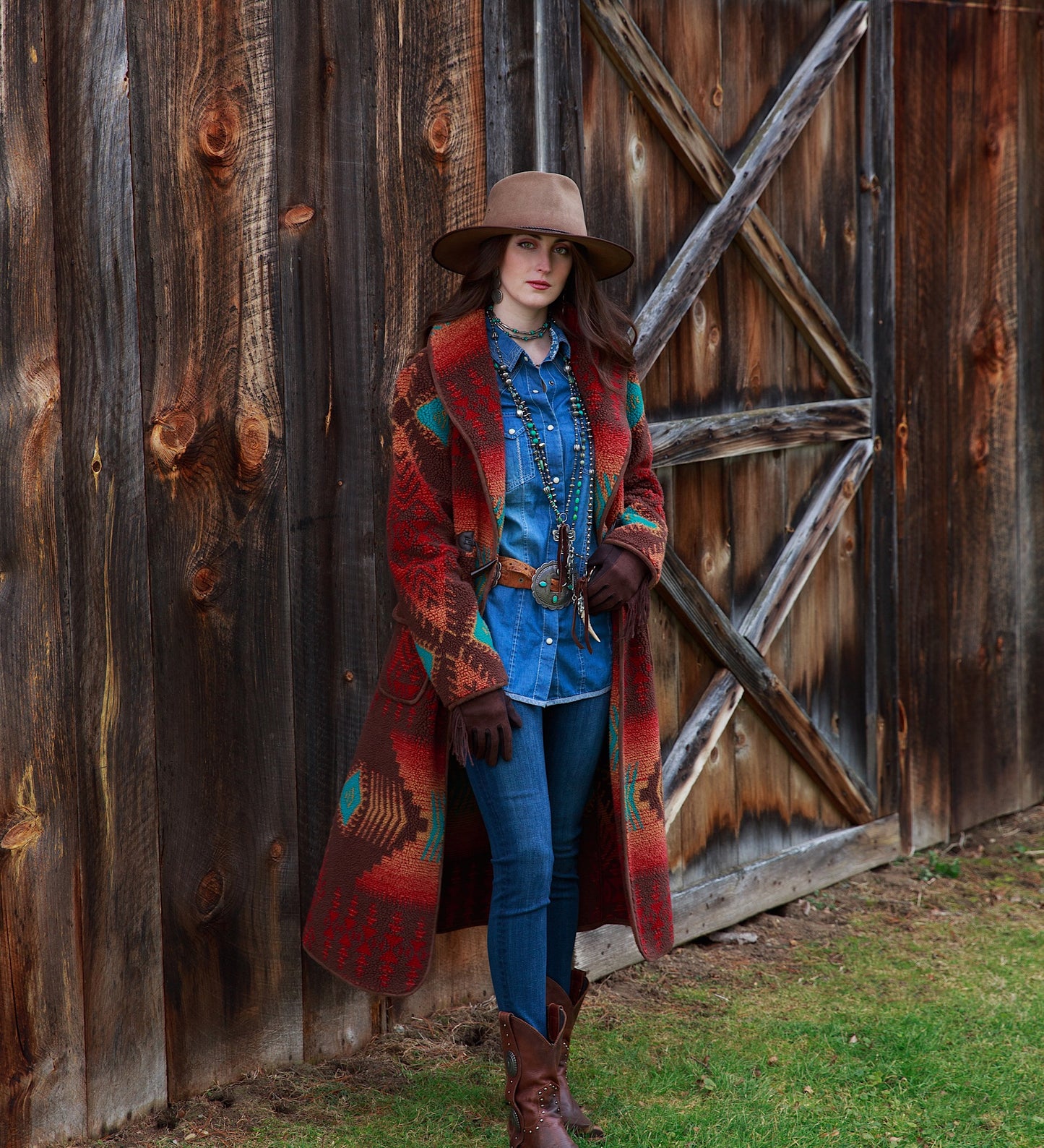 Tasha Polizzi Long Red and Teal Aztec Borderline Coat at 6Whiskey six whisky womens fall styled