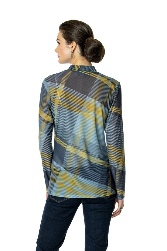 Load image into Gallery viewer, DDR Rodge Plaid Sheer Long Sleeve Mock Neck Tee 6Whiskey six whisky Taos Collection T3394
