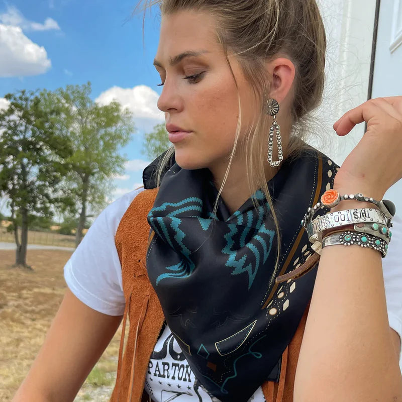 Load image into Gallery viewer, Tucumcari Silk Scarf at 6Whiskey six whisky by Fringe Scarves boot inspired western black tied

