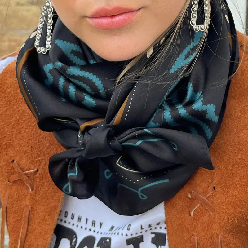 Tucumcari Silk Scarf at 6Whiskey six whisky by Fringe Scarves boot inspired western black tied with front knot