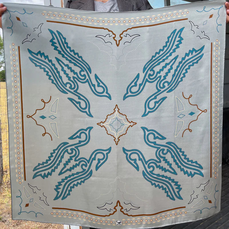 Load image into Gallery viewer, Tucumcari Silk Scarf at 6Whiskey six whisky by Fringe Scarves boot inspired western light blue creams
