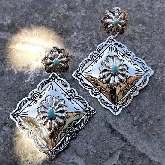 Southwestern style hand stamped silver earrings 6 Whiskey with turquoise 1969