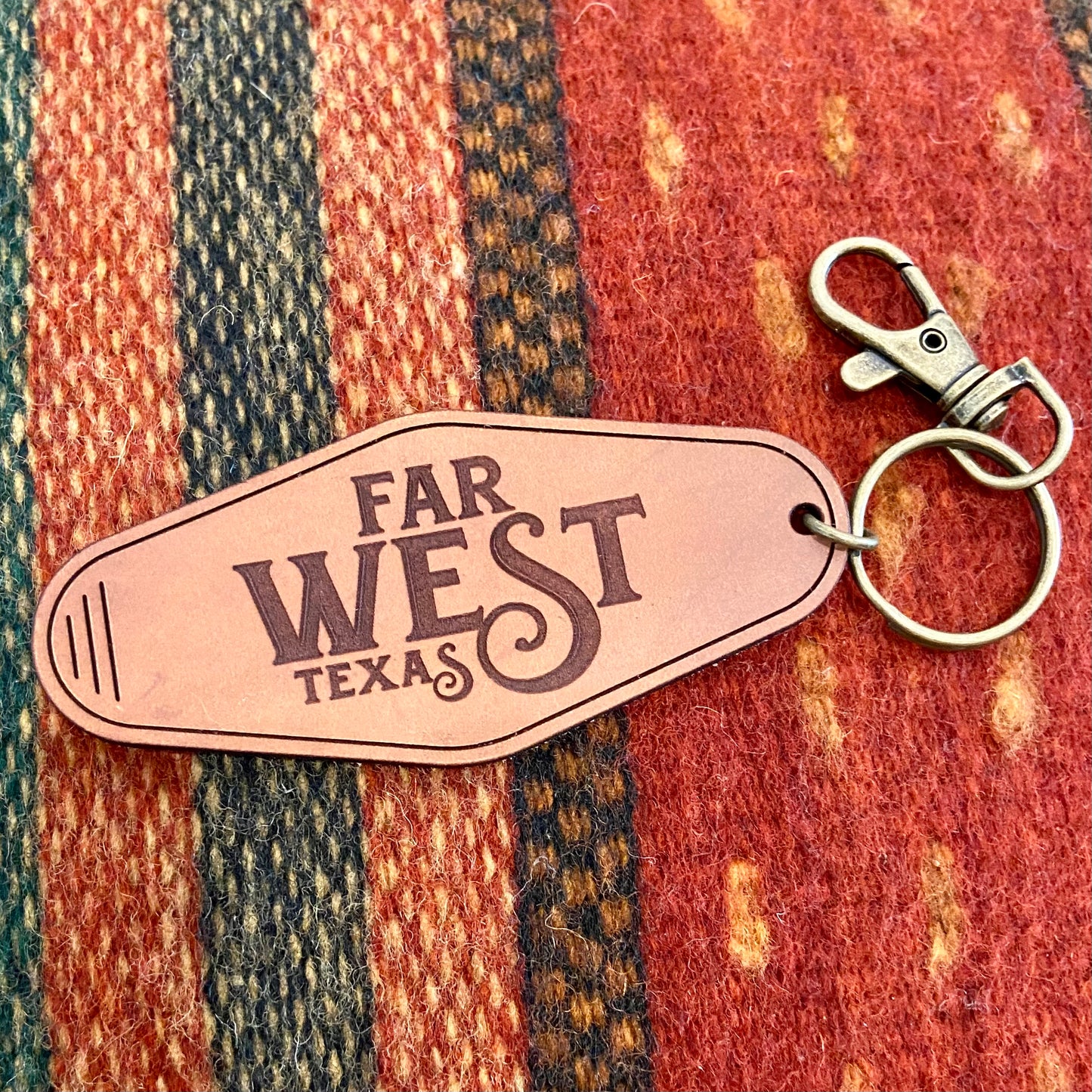 Far west Texas in 6Whiskey font on leather key chain