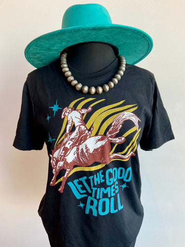 Black graphic t-shirt saying let the good times roll at 6Whiskey six whisky mens womens bella canvas tee