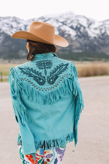 Double D Ranch outside boys jacket in turuqoise at 6Whiskey six whisky womens DDR leather coat C3045 spring 2022 wild horses with marijka