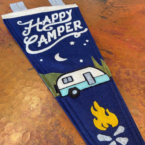 Load image into Gallery viewer, Happy Camper Pennant at 6Whiskey six whisky handmade rv stars firepit in color navy 
