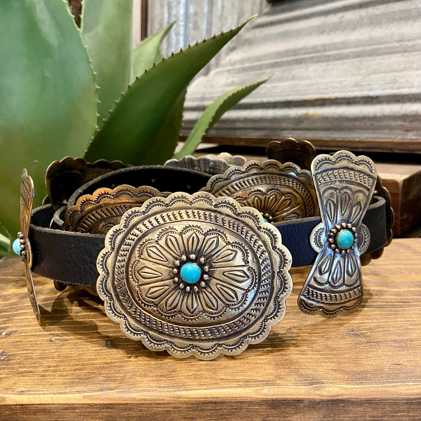 Load image into Gallery viewer, black silver and turquoise belt by barbosa at 6Whiskey six whisky round and bow tie conchos
