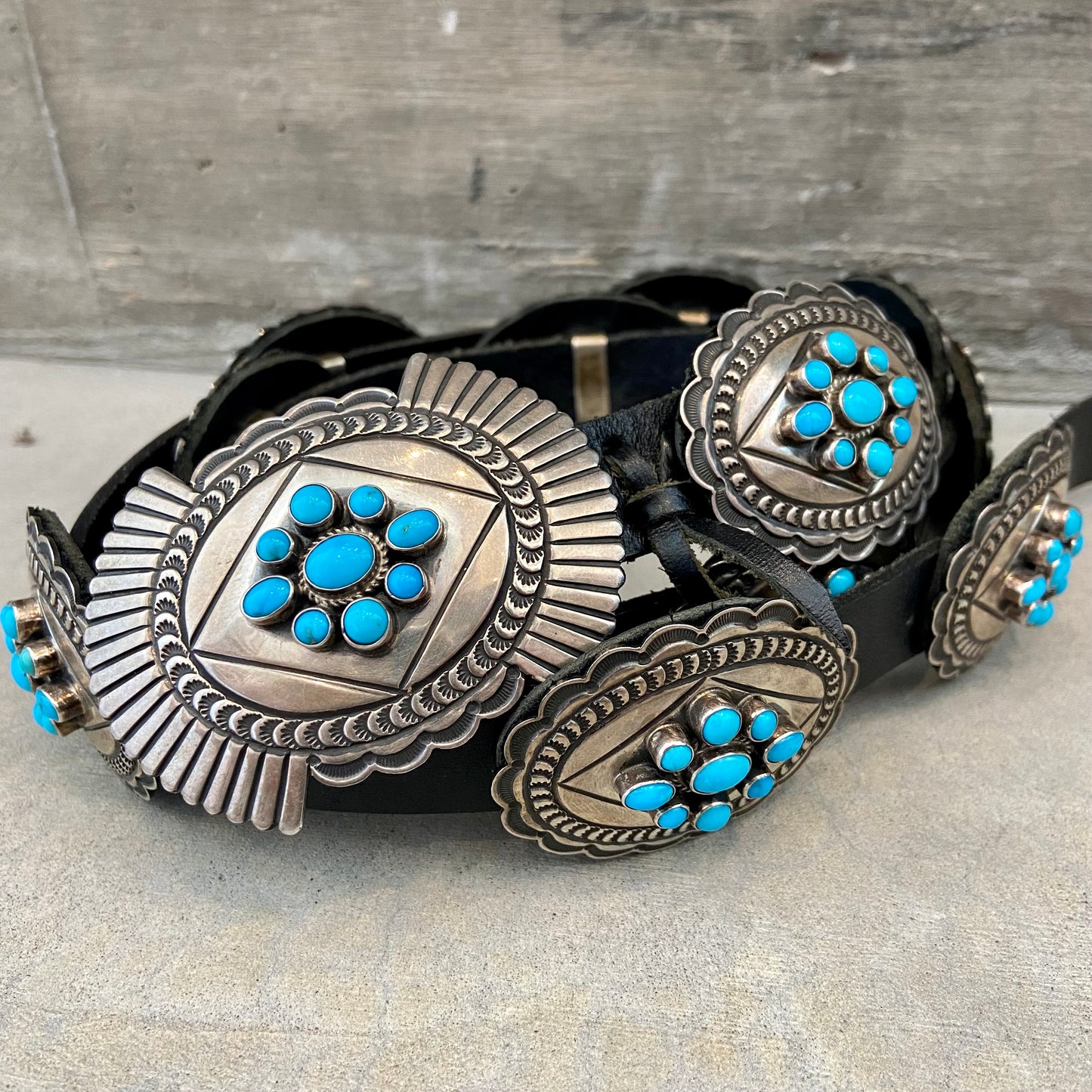 Load image into Gallery viewer, turquoise cluster and stamped silver oval concho belt at 6Whiskey six whisky western womens black leather
