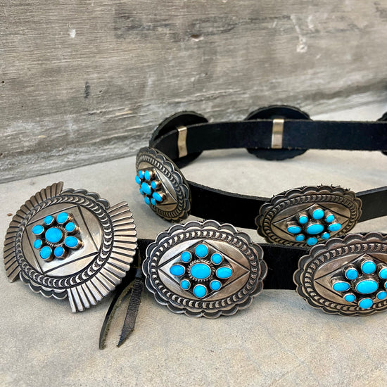 turquoise cluster and stamped silver oval concho belt at 6Whiskey six whisky western womens black leather