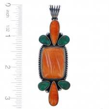 Size chart of 3 1/2" orange spiny oyster and dark turquoise southwest sterling silver pendant