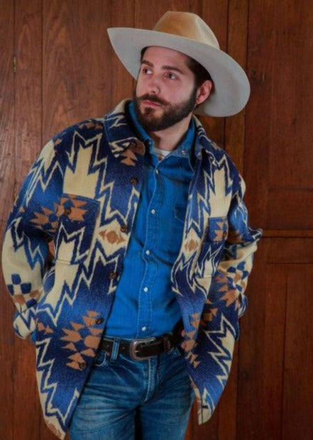 Tasha Polizzi Men's Blanket Coat Shacket at 6Whiskey six whisky southwest blue and brown print jacket