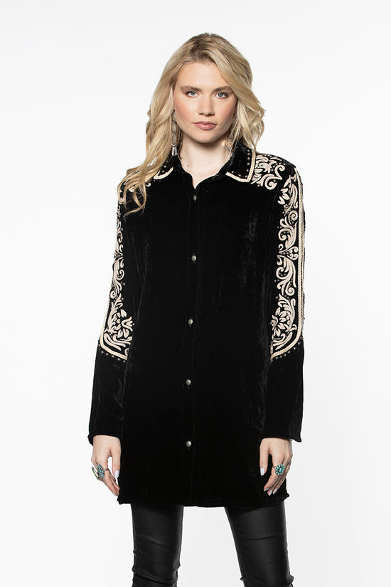 Double D Ranch Velvet Top ~ Las Espuelas ~ T3175 DD Ranch 6 Whiskey stunning black velvet long sleeve tunic with cream embroidery at shoulder and down sleeve collar detail silver studs rodeo chic rock star style 
