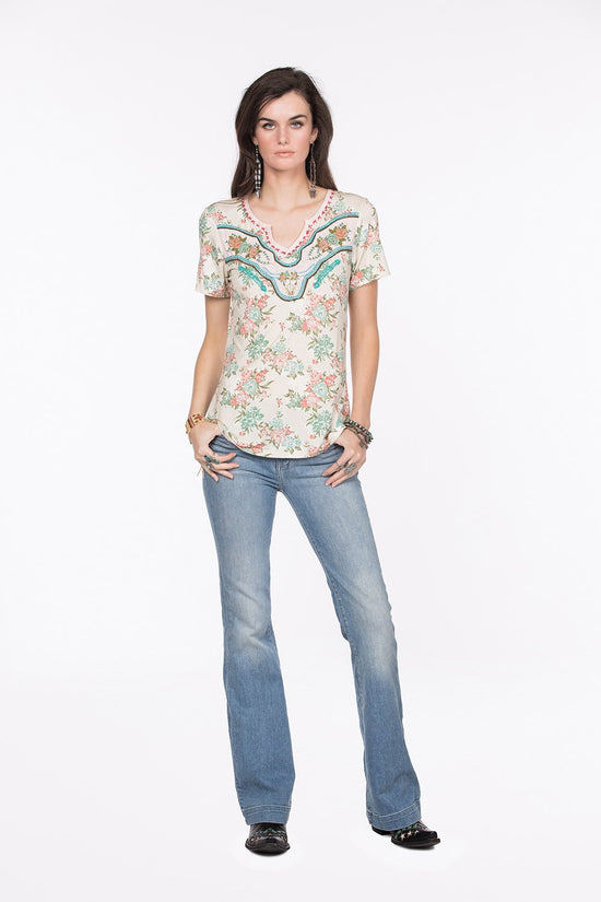 Load image into Gallery viewer, Double D Ranch 6 Whiskey six whisky Backwood barbie DDR floral short sleeve top

