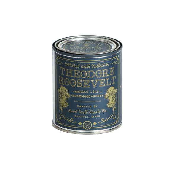 Theodore Roosevelt Teddy candle Pint National Park Collection 6 whiskey good well supply all natural six whisky wood wick soy tin 