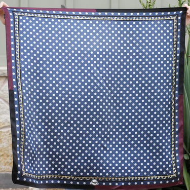 Black & Blue Dottie Scarf by Fringe Scarves at 6Whiskey, six whisky, long, polka dot, stars, boarder, elevated western, chic, lunch, rodeo, country concert, front view