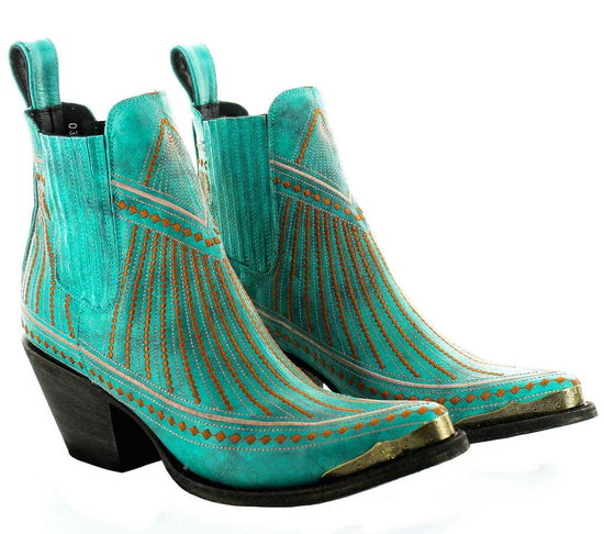 Old Gringo Quincy bootie in turquoise at 6Whiskey six whisky teal bootie with gold