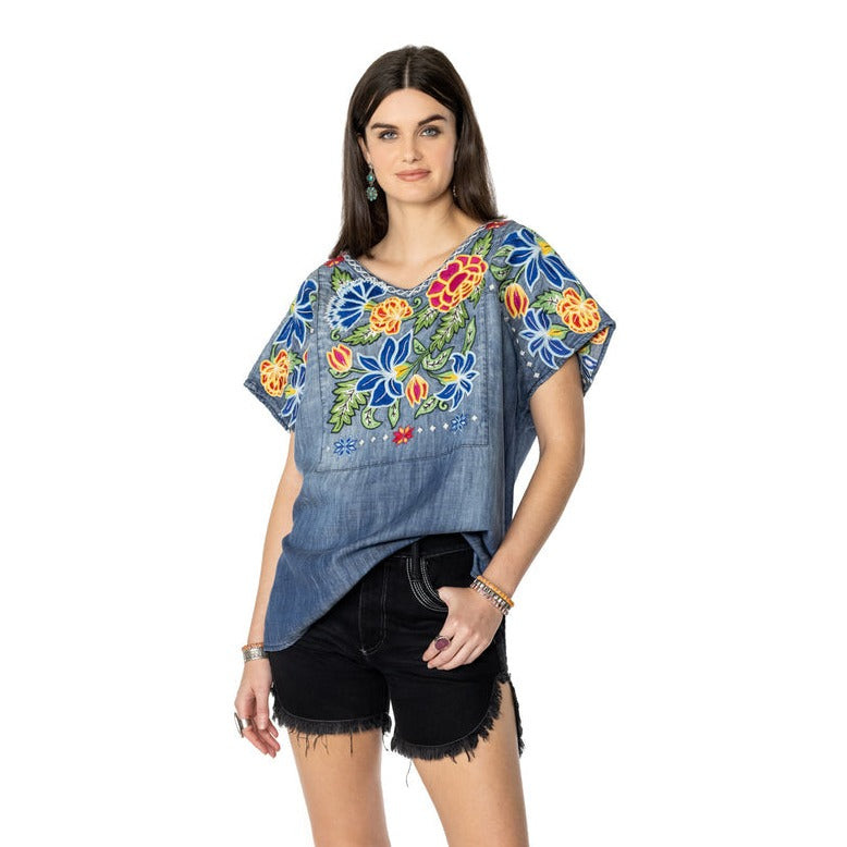 Ynez Denim Poncho with Embroidery DDR at 6Whiskey six whisky style number T3588 folk foray collection spring 2022 womens