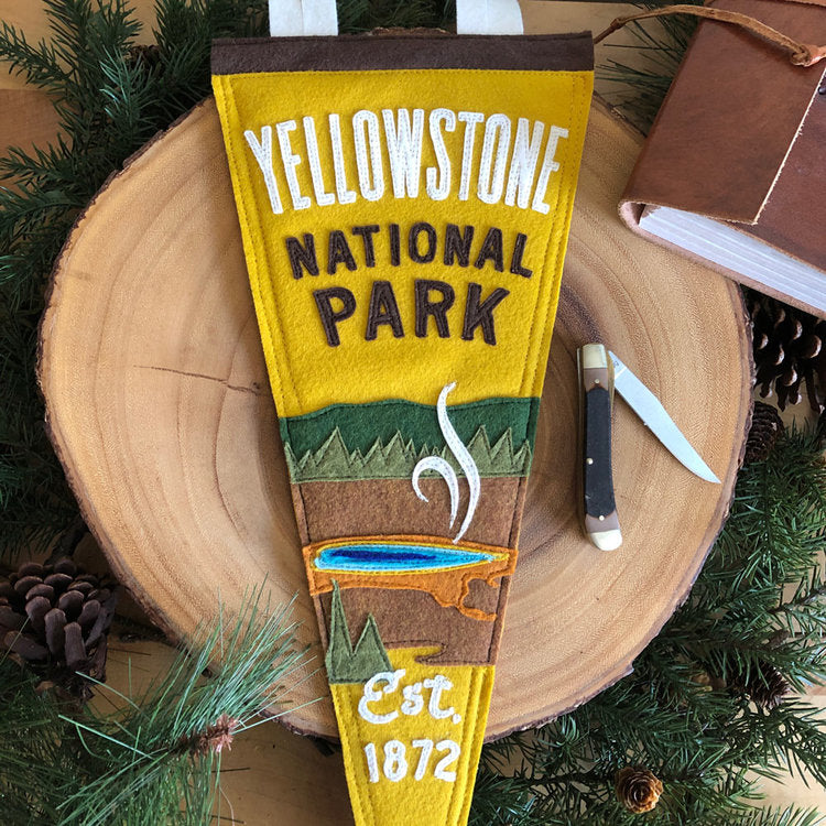 Yellowstone National Park Handmade Felt Pennant at 6Whiskey six whisky yellow and brown featuring hot gyuser