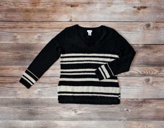 Load image into Gallery viewer, Tasha Polizzi Striped Fuzzy pullover sweater at 6Whiskey six whisky womens v-neck winter
