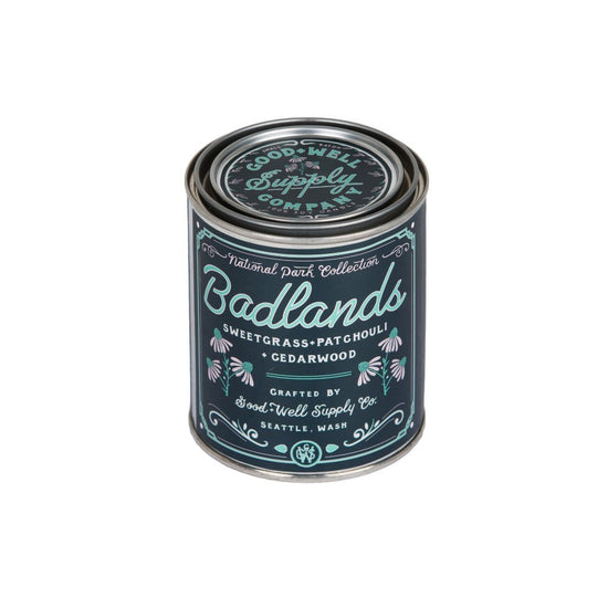 Badlands National Park candle 6 whiskey good well supply six whisky all natural wood wick soy tin
