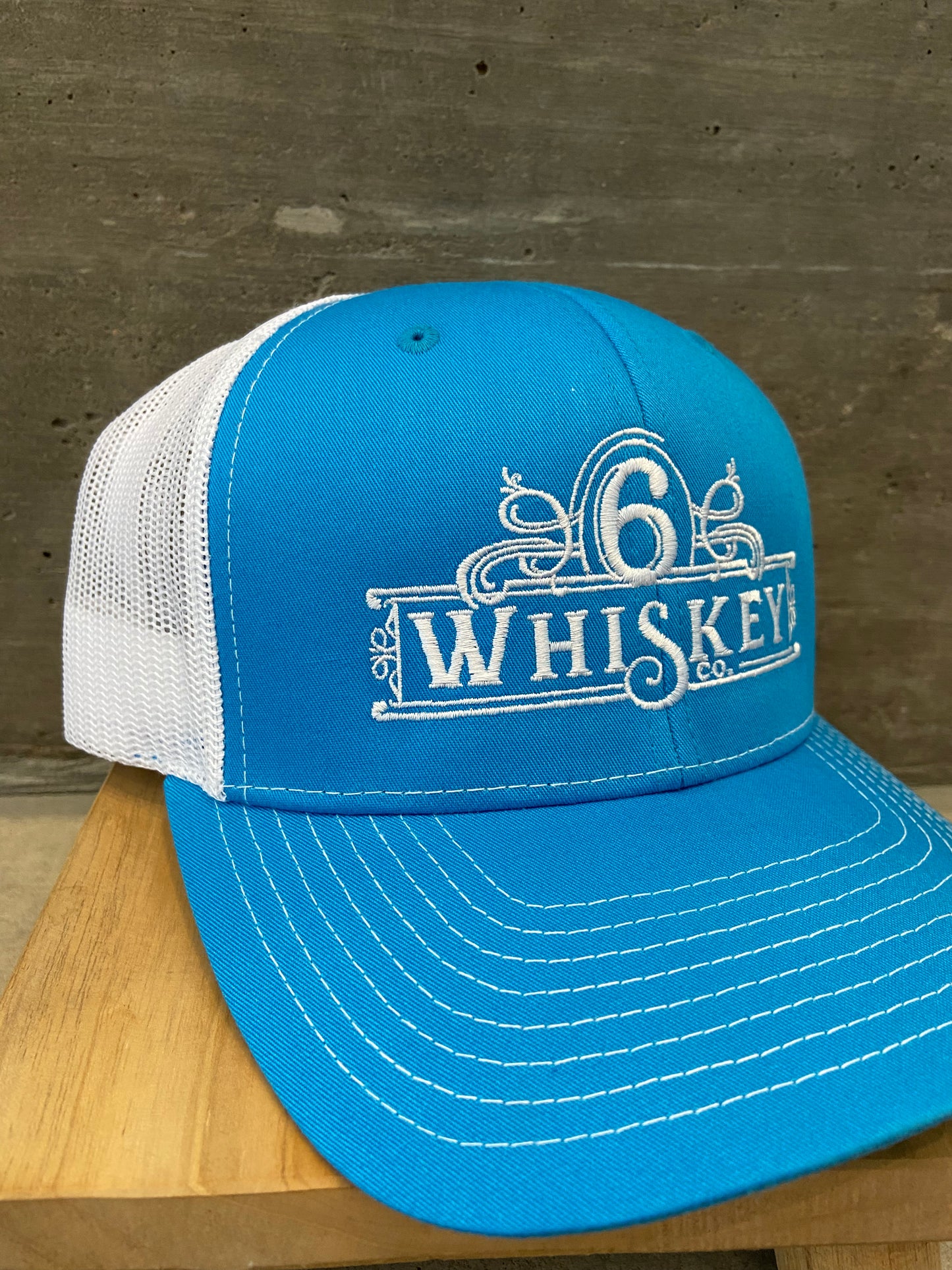 Blue and White Richardson 112 Trucker hat at 6Whiskey six whisky logo mesh back mens cap
