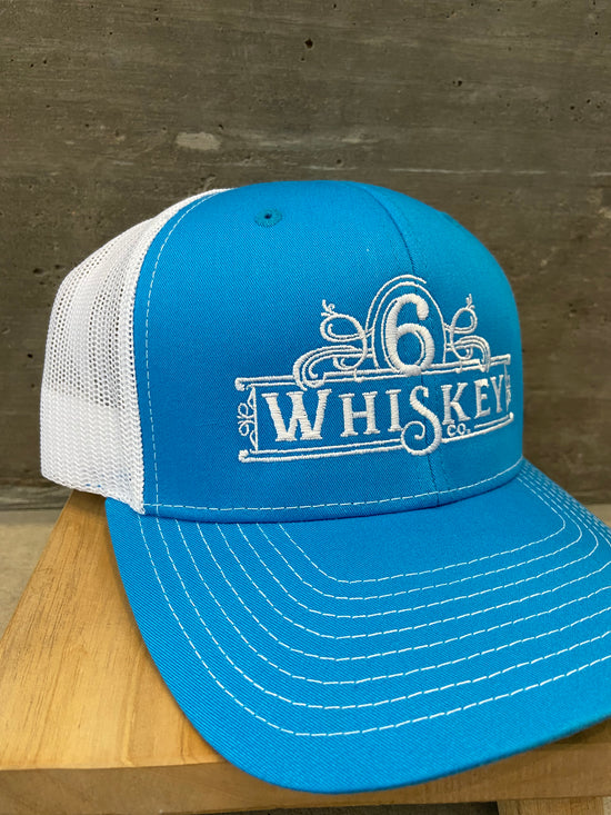 Load image into Gallery viewer, Blue and White Richardson 112 Trucker hat at 6Whiskey six whisky logo mesh back mens cap
